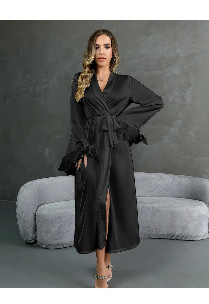 Women's Sexy Robe Silky Satin Long Dressing Gown Lace Backless Nightgowns Horn Feather Sleeve Sleepwear Comfortable Home Robes
