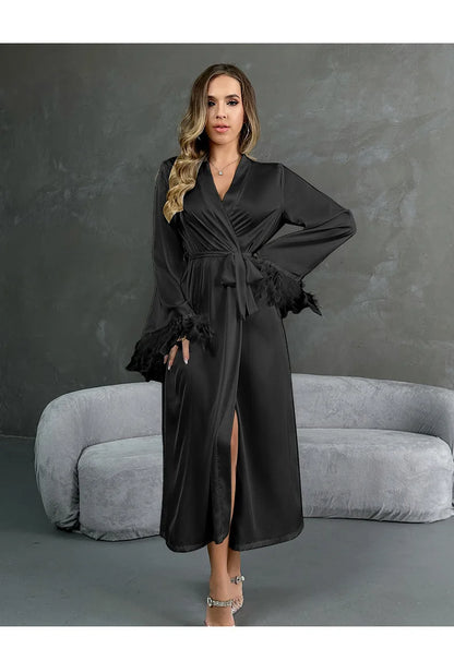 Women's Sexy Robe Silky Satin Long Dressing Gown Lace Backless Nightgowns Horn Feather Sleeve Sleepwear Comfortable Home Robes