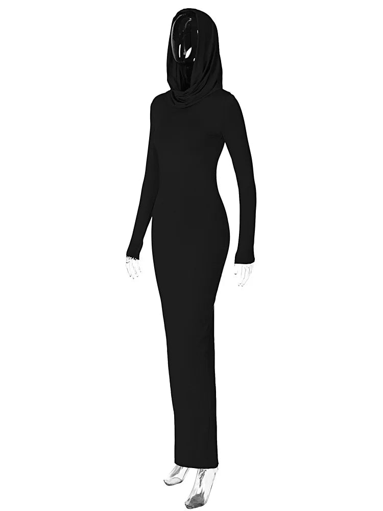 Hooded Long Dress For Women Y2k Clothes Sexy Streetwear Long Sleeve Bodycon Vestidos De Mujer Solid Robe Femme Été Back Split