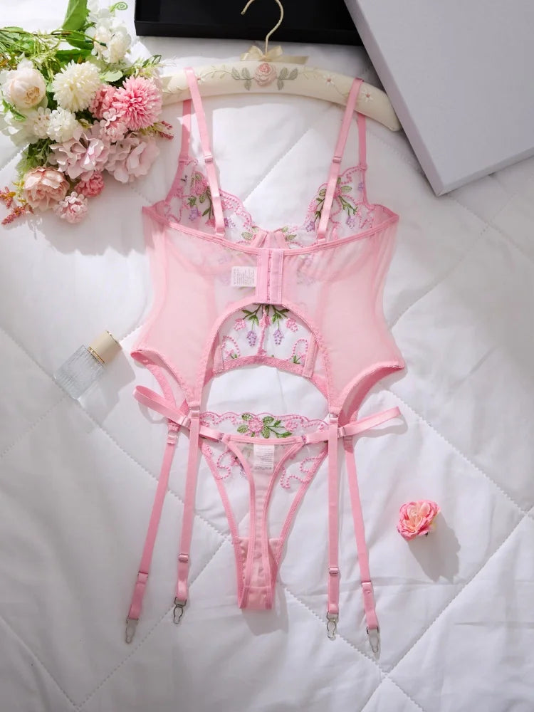 Women's Underwear with Garter Belt Pink Tulle Sexy Lingerie Romantic Floral Embroidery Bra Panties Sets See Through Lingerie Set