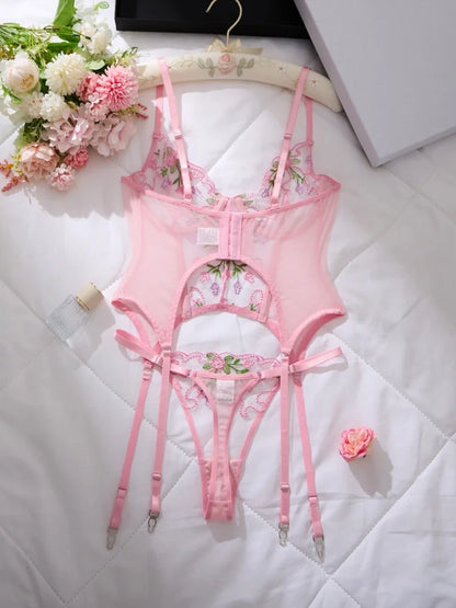Women's Underwear with Garter Belt Pink Tulle Sexy Lingerie Romantic Floral Embroidery Bra Panties Sets See Through Lingerie Set