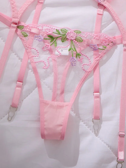 Women's Underwear with Garter Belt Pink Tulle Sexy Lingerie Romantic Floral Embroidery Bra Panties Sets See Through Lingerie Set