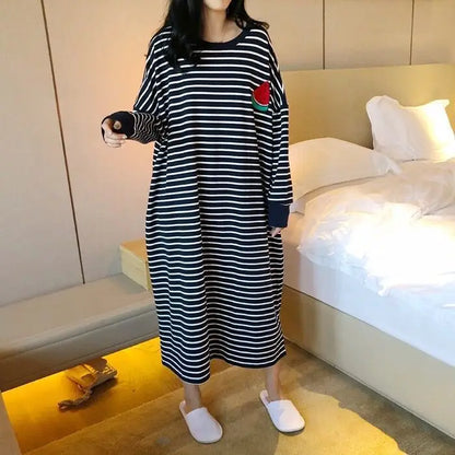Women's Sleepwear Long Sleeve Midi Nightgown Loose plus Size Striped Home Clothes Spring Summer New Arrival 2023