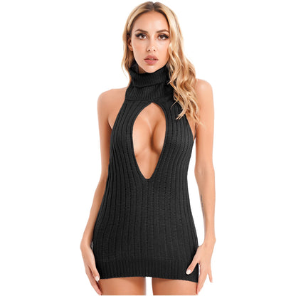 Womens Bodycon Sex Dress Backless Turtleneck Knitted Keyhole Lace-up Back Ribbed Mini Dresses Lingerie Clubwear Party Nightwear