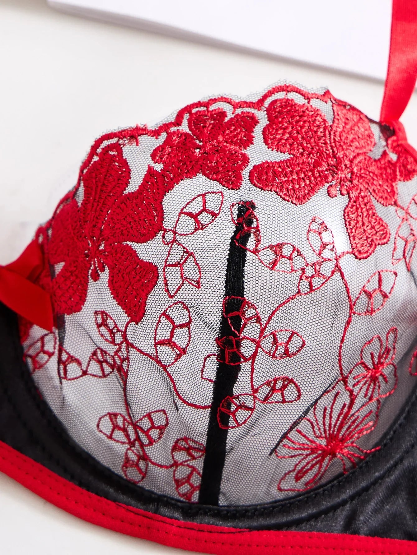 Ladies' Wine Red Heart-shaped Design Embroidered Semi Transparent Comfortable Breathable Underwear Set, Suitable