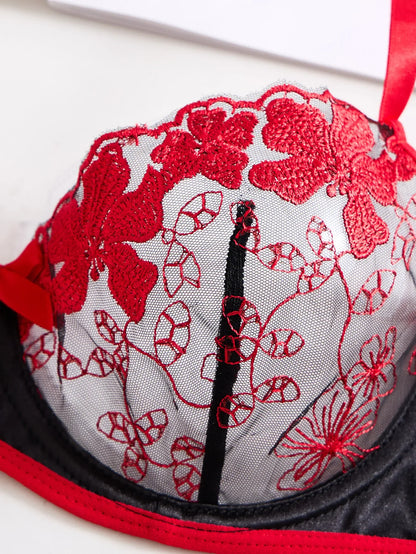 Ladies' Wine Red Heart-shaped Design Embroidered Semi Transparent Comfortable Breathable Underwear Set, Suitable