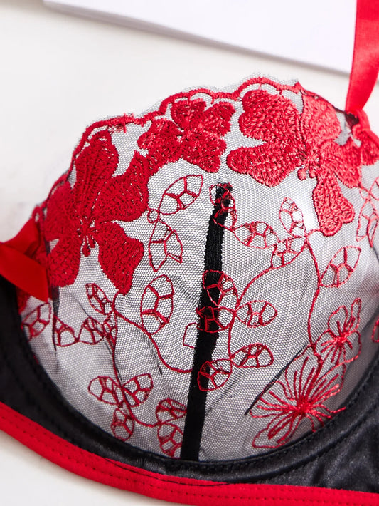 Ladies' Wine Red Heart-shaped Design Embroidered Semi Transparent Comfortable Breathable Underwear Set, Suitable