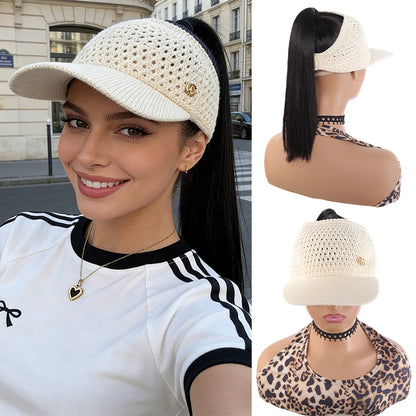 Beige Hollow - out Visor Wig with Straight Ponytail, Synthetic Fiber, Breathable & Lightweight, Easy to Wear for Summer, Gym & D