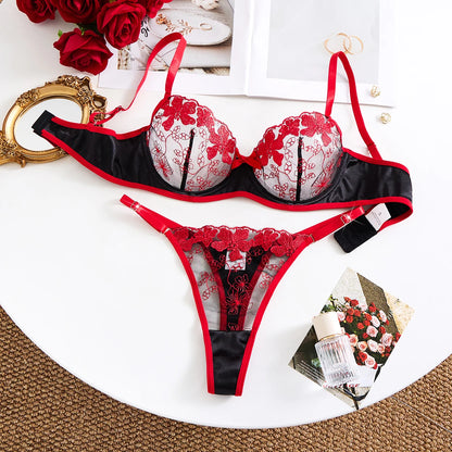 Ladies' Wine Red Heart-shaped Design Embroidered Semi Transparent Comfortable Breathable Underwear Set, Suitable