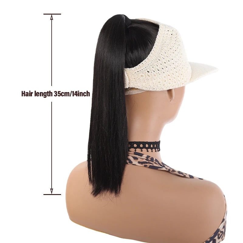Beige Hollow - out Visor Wig with Straight Ponytail, Synthetic Fiber, Breathable & Lightweight, Easy to Wear for Summer, Gym & D