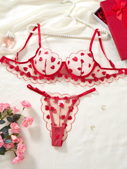 Red heart-shaped girl's sweet lace single-layer sheer embroidered underwear, French-style pure desire ZA825203