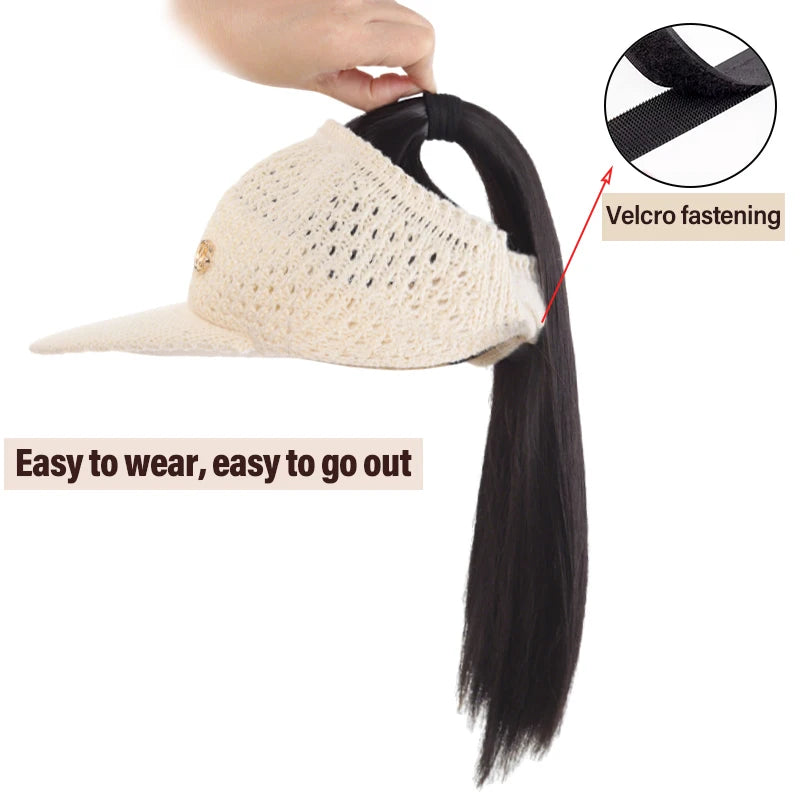 Beige Hollow - out Visor Wig with Straight Ponytail, Synthetic Fiber, Breathable & Lightweight, Easy to Wear for Summer, Gym & D